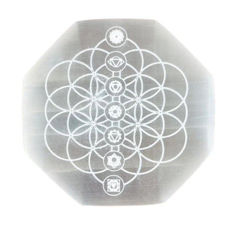 Hexagonal Disk, Selenite- Chakra with Flower of Life